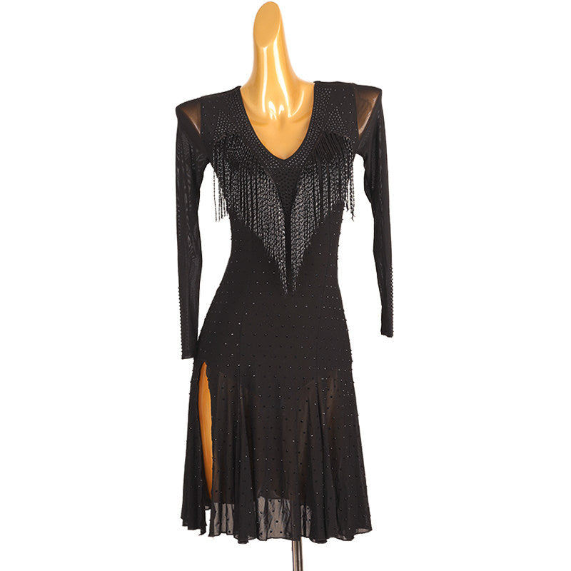 Black latin dance dress with two rows of hand strung bead fringe