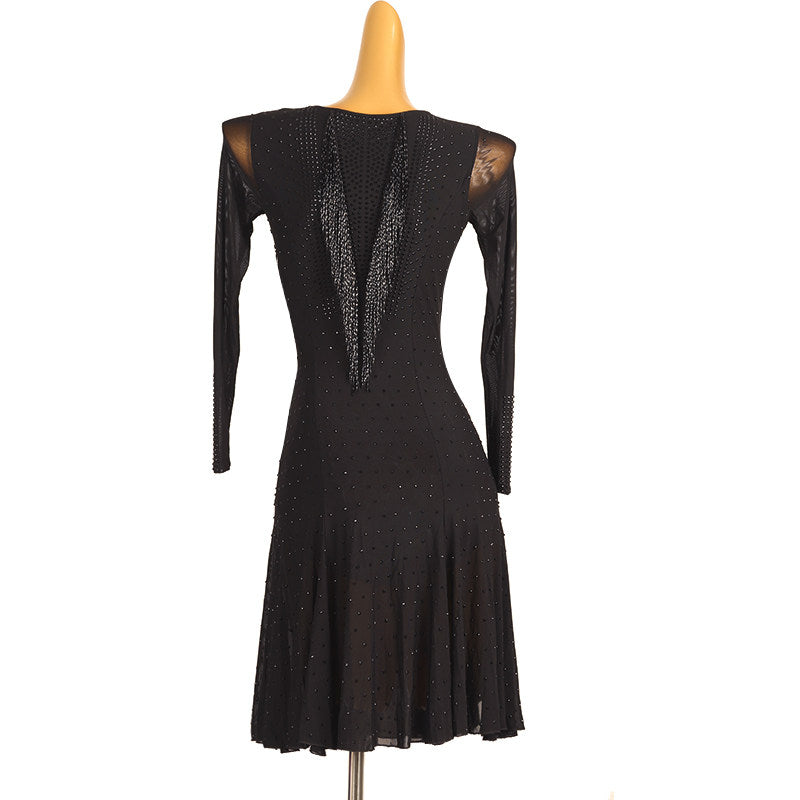 Black hand strung bead latin dance dress rear view showing the low back