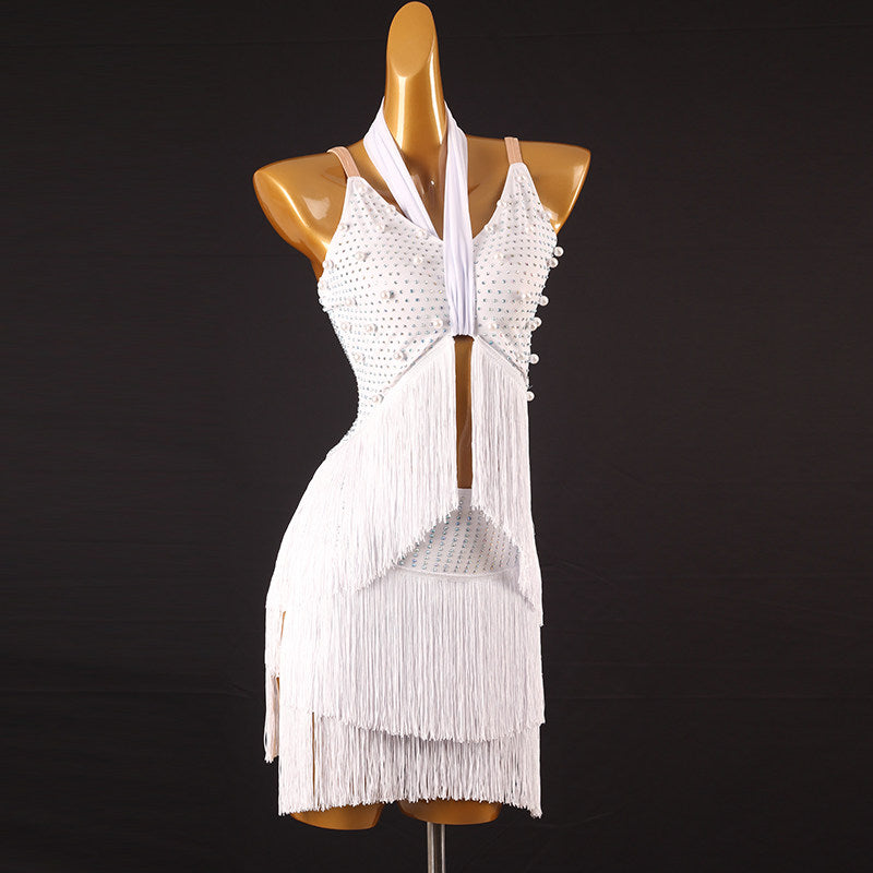 White halter tie latin dance dress rear view showing the bare back