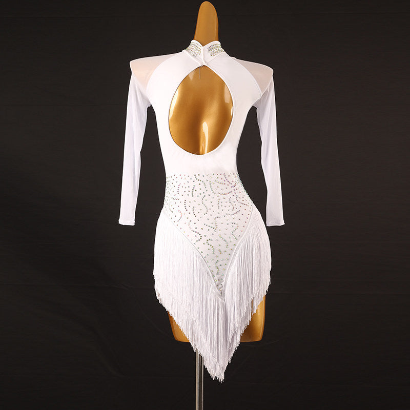 White stone lace latin dance dress rear view showing the open back