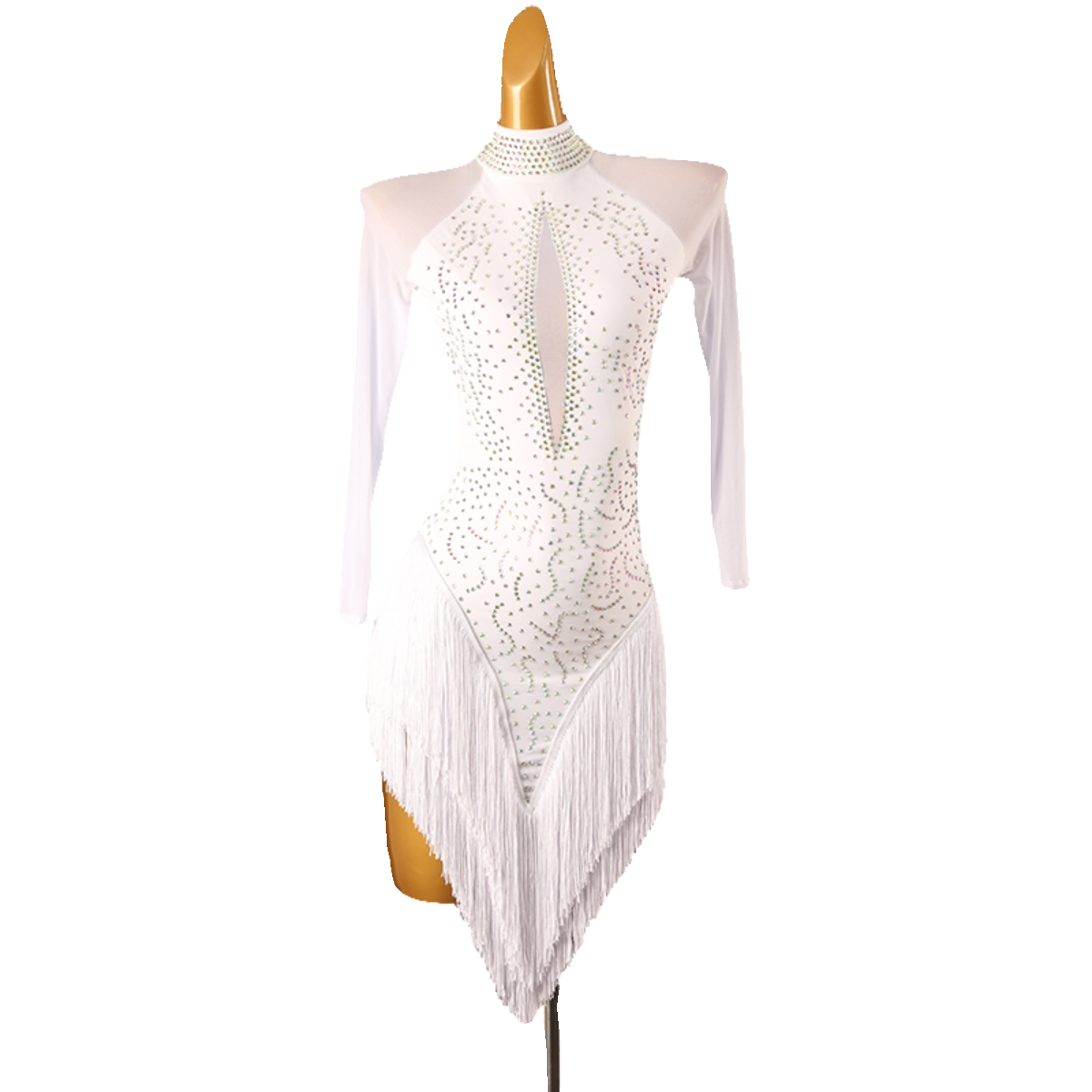 White stone lace latin dance dress front view showing the fringe hem