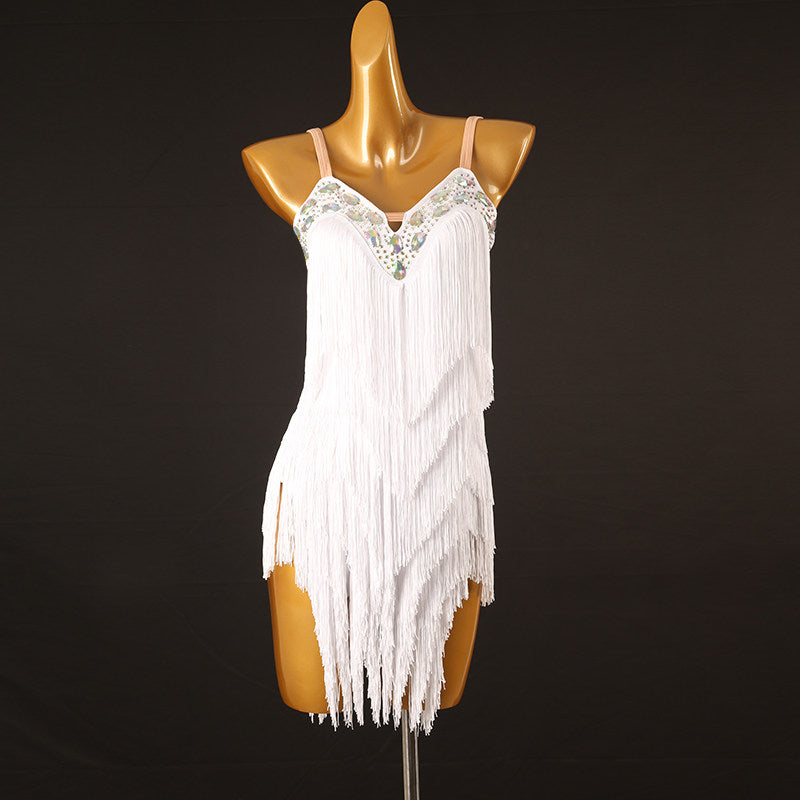 White latin dance dress with jewel set straps and petal cut fringe skirt