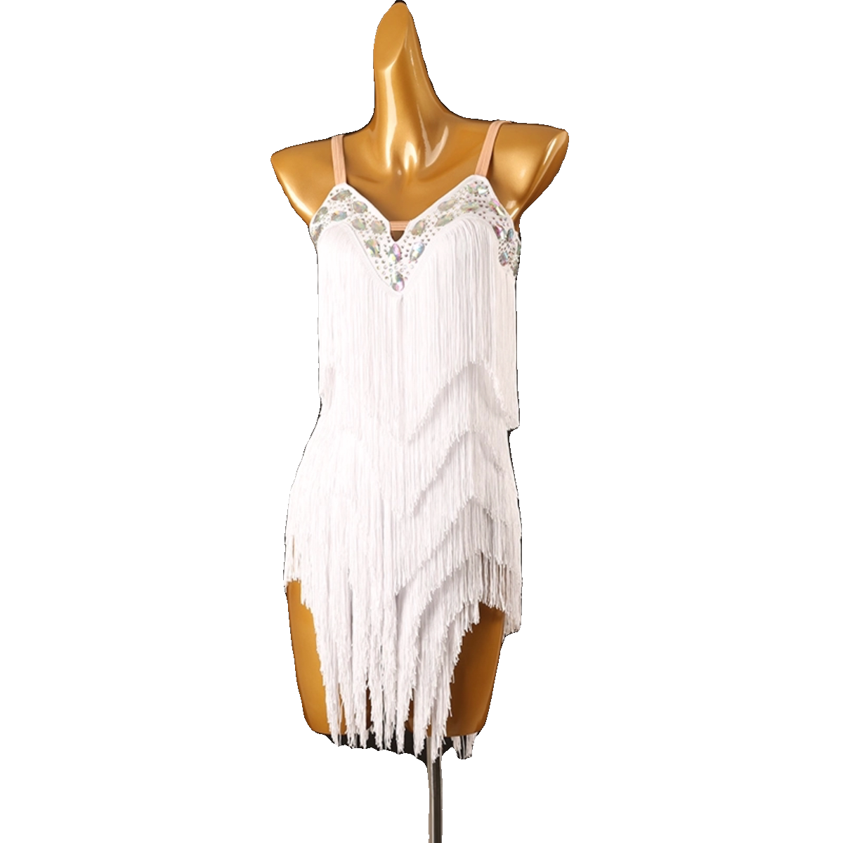 White jewel strap latin dance dress side view with the fringe overlapping