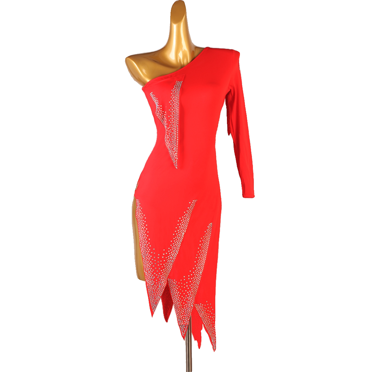 Red stone edge latin dance dress front view with the high side split