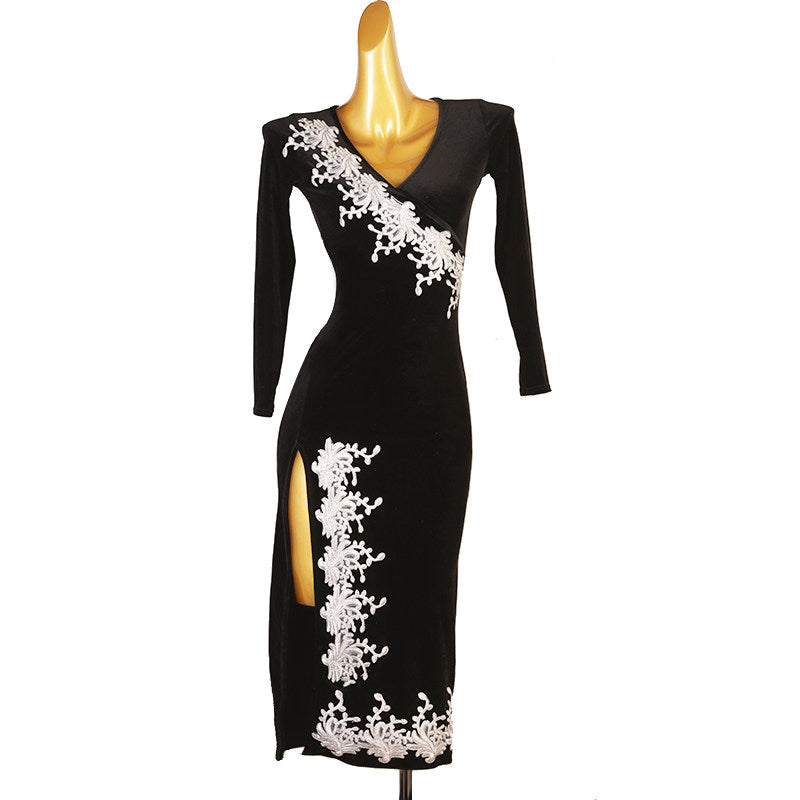 Black velvet latin dance dress with white lace appliques on the diagonal