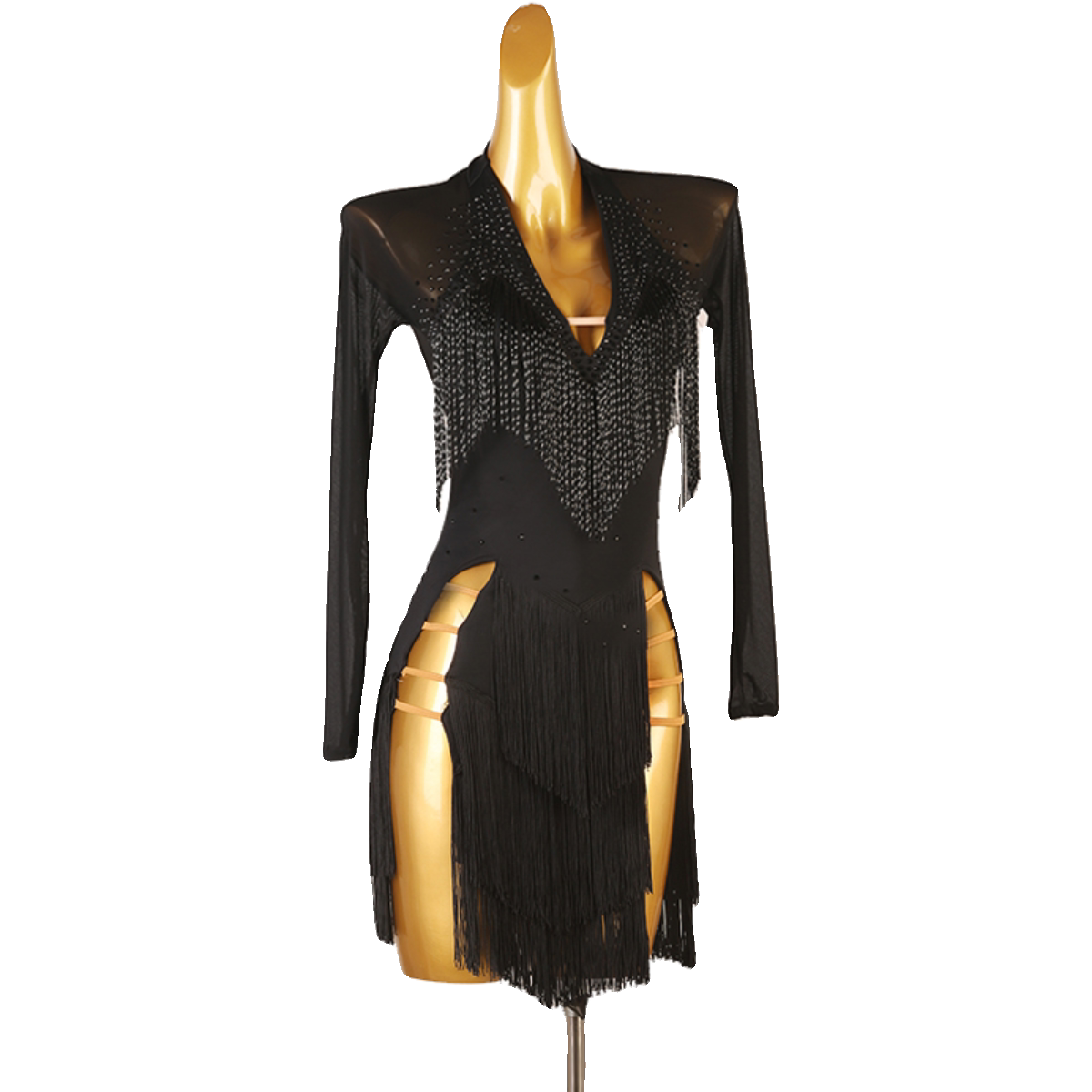 Black bead fringe collar latin dance dress front view with the leg splits