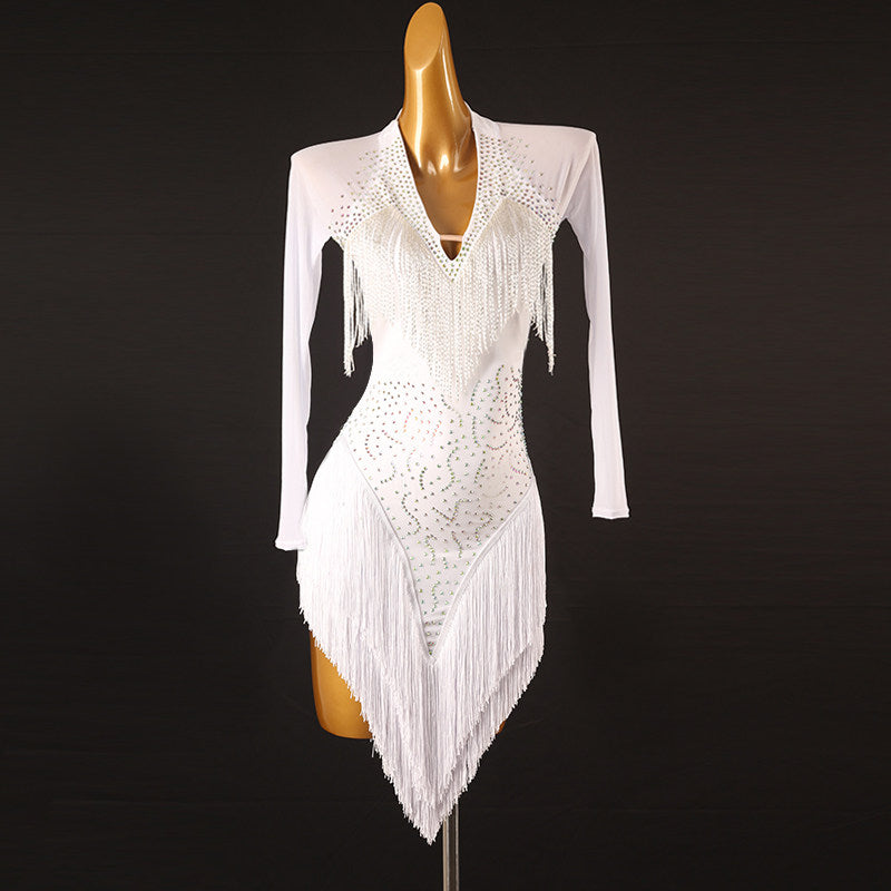White latin dance dress with stone lace pattern and deep plunge neckline