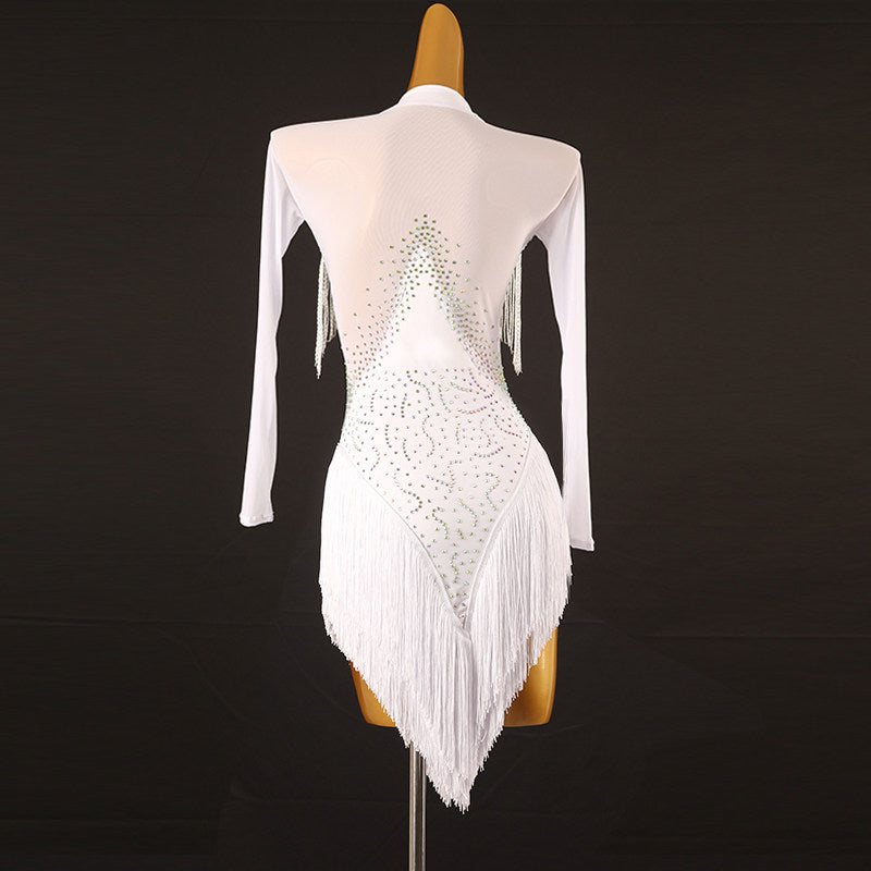 White lace stone latin dance dress rear view showing the open back