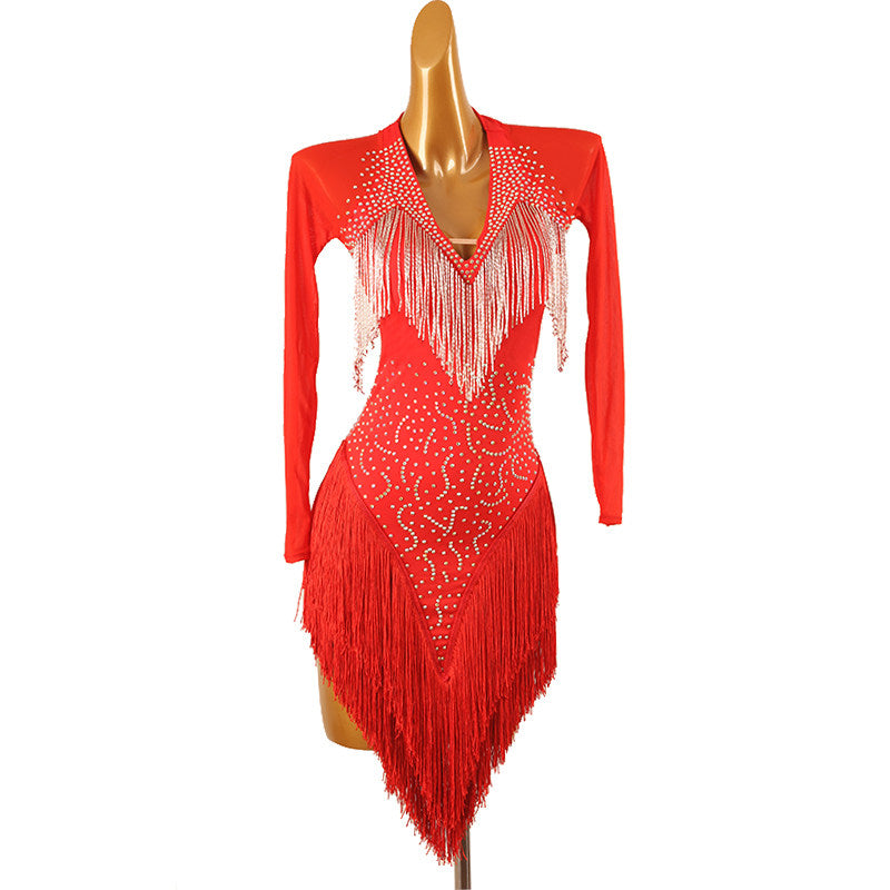 Red latin dance dress with stone lace front and layered fringe hem
