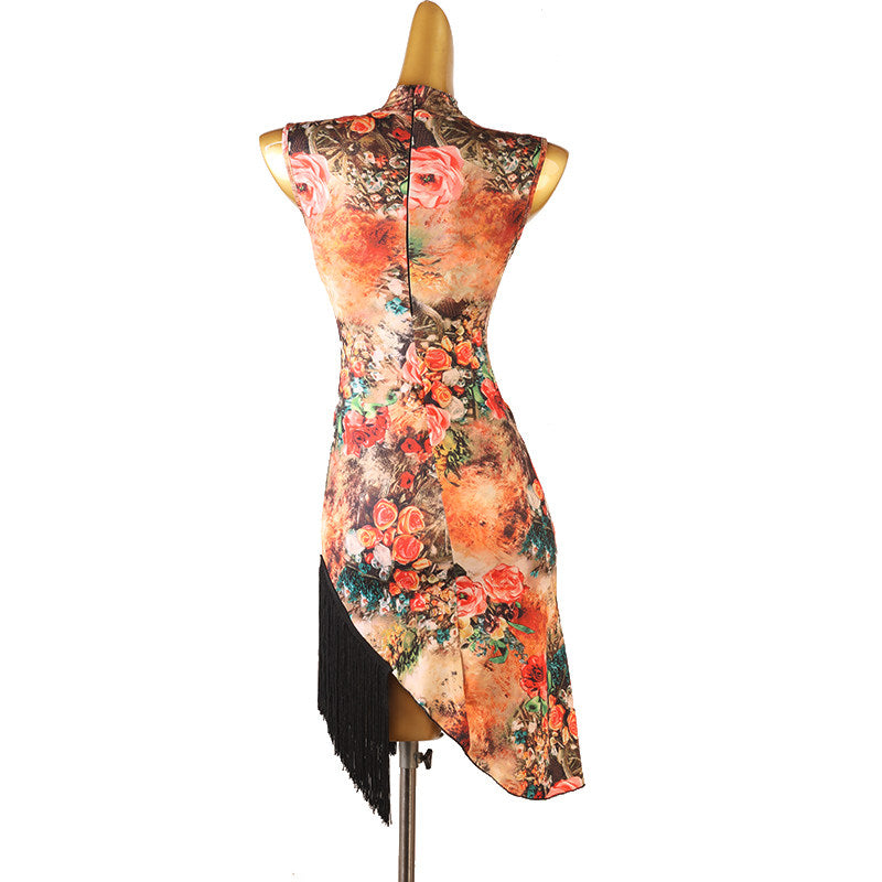 Rose print latin salsa dance dress angled view showing the asymmetric hem