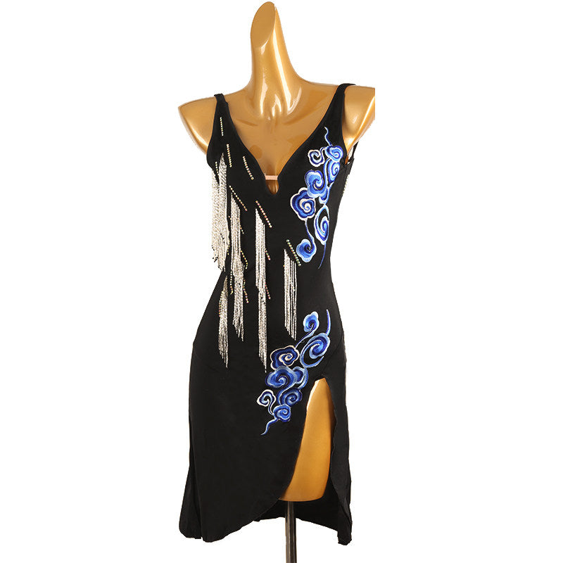 Black blue scroll latin salsa dance dress angled view with the wrap split