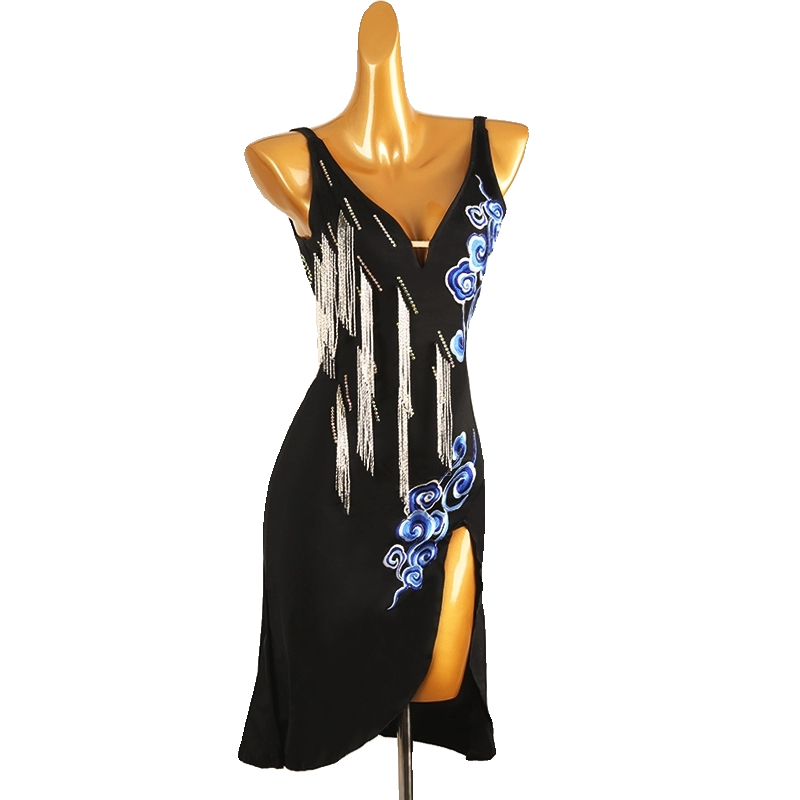 Black blue scroll latin salsa dance dress front view showing the bead fringe