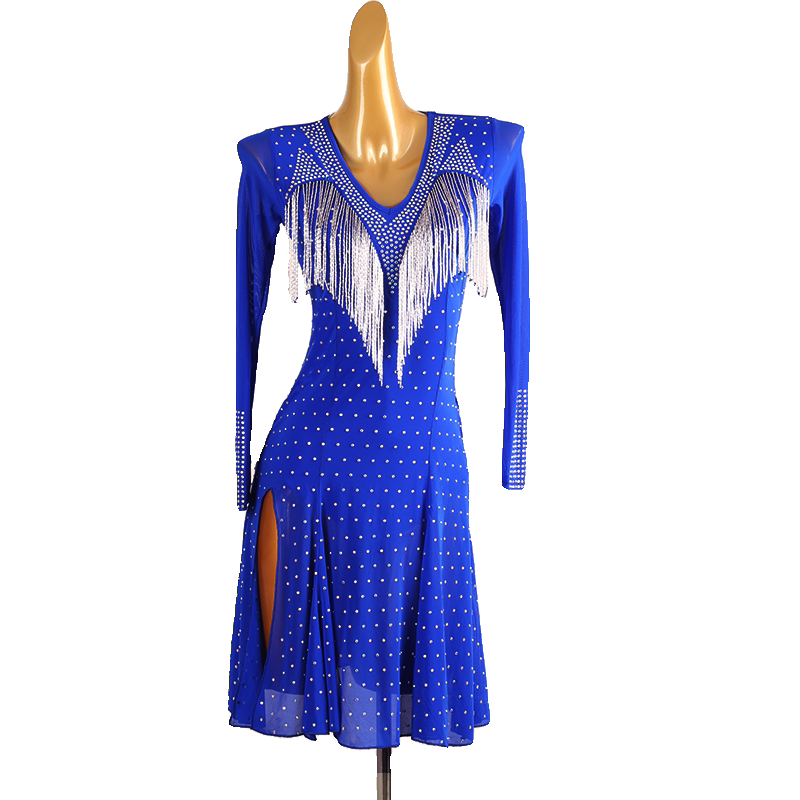 Blue crystal latin salsa dance dress side view with the white fringe falling