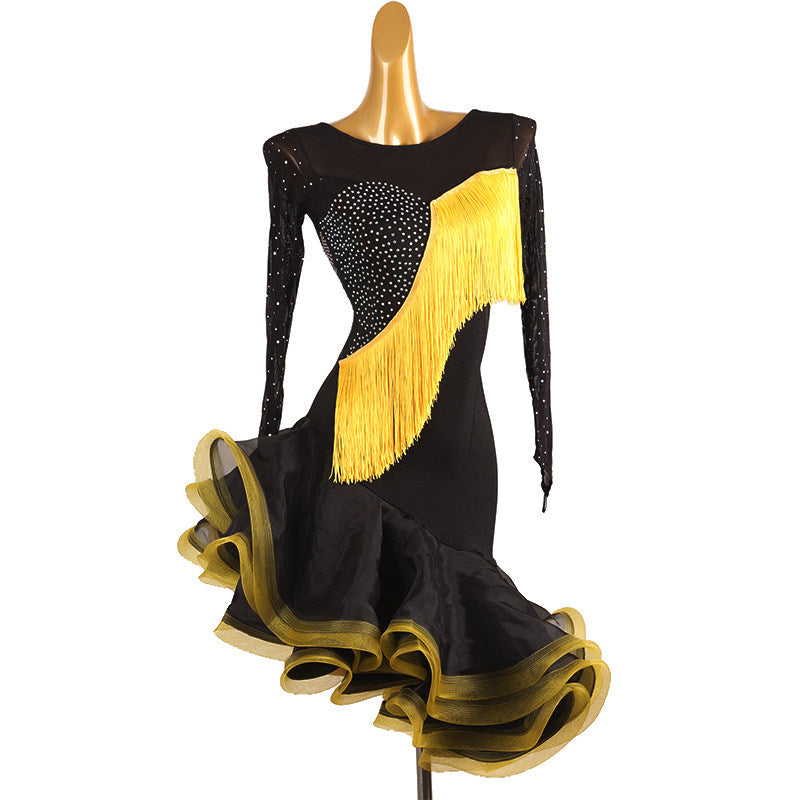Black and yellow latin salsa dance dress angled view with the organza curls