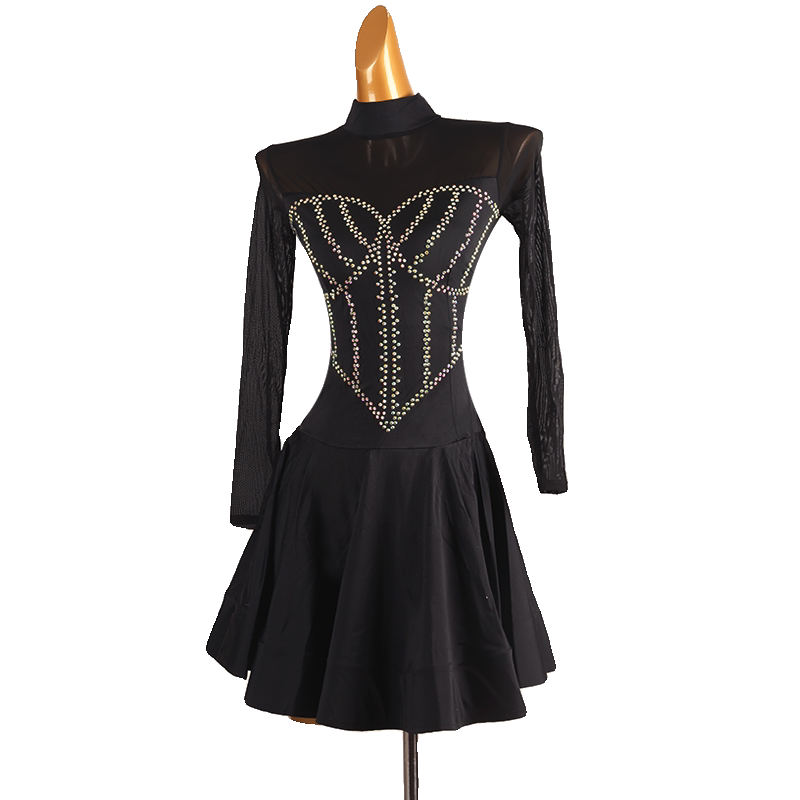 Black gold stud corset latin salsa dance dress side view showing the stud lines