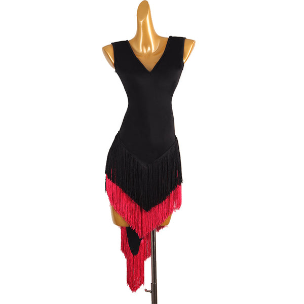 Black latin salsa dance dress with two tone black and red chevron fringe skirt