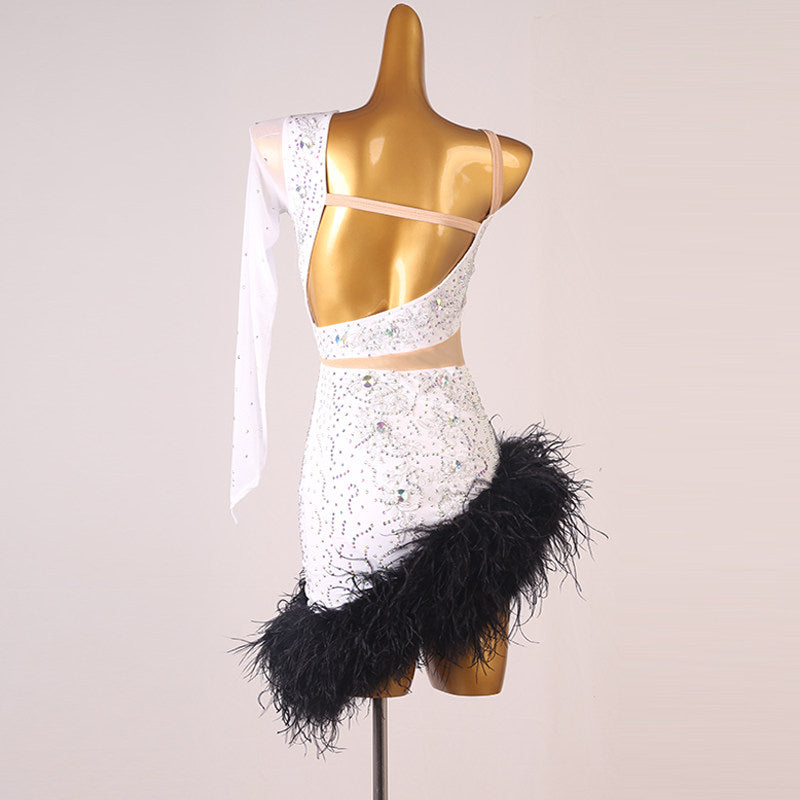 White lace feather latin salsa dance dress rear view showing the strap back