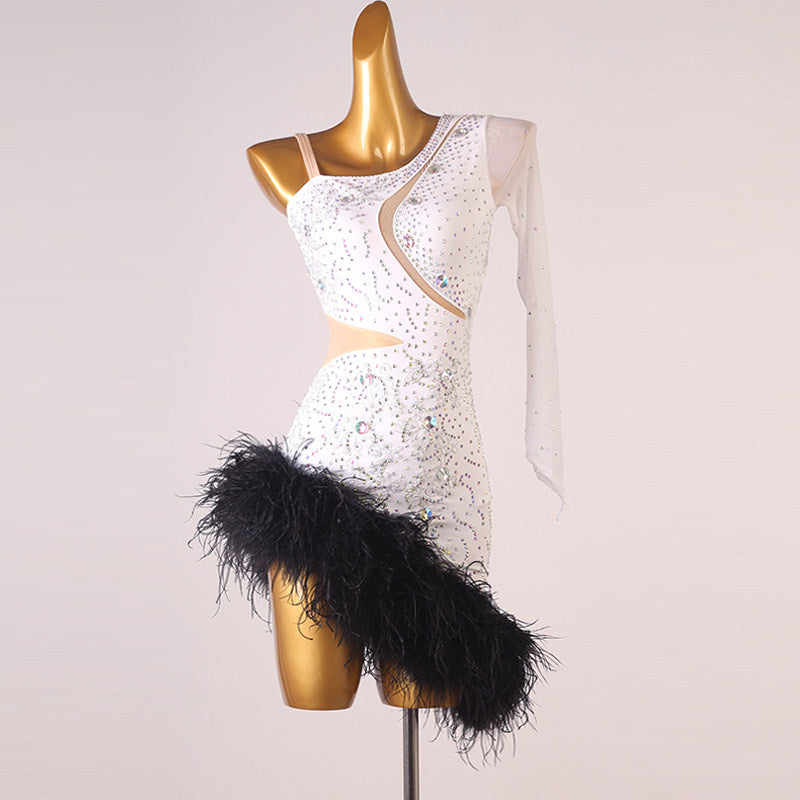 White lace feather latin salsa dance dress angled view with the waist cutouts