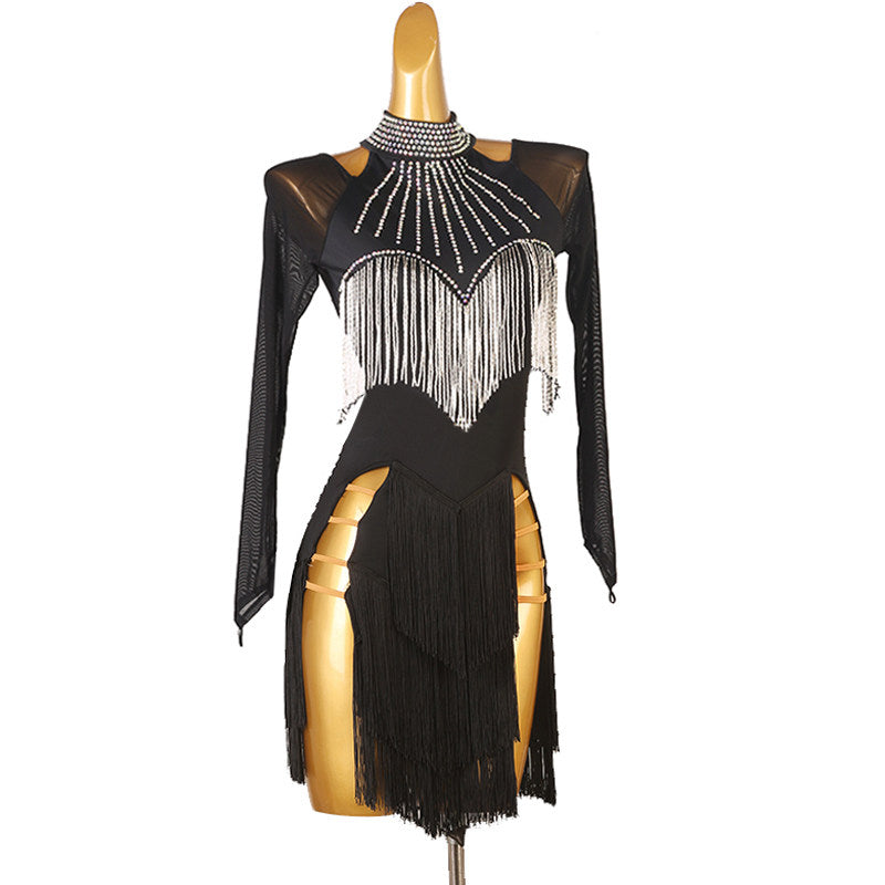 Black silver fringe bib latin salsa dance dress angled view with the leg splits