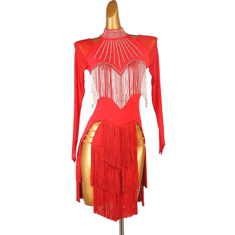 Red silver fringe bib latin salsa dance dress front view with the split hem