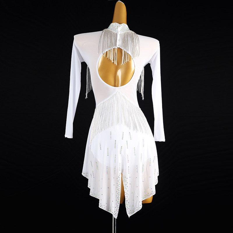 White bead fringe latin salsa dance dress showing the open back from behind