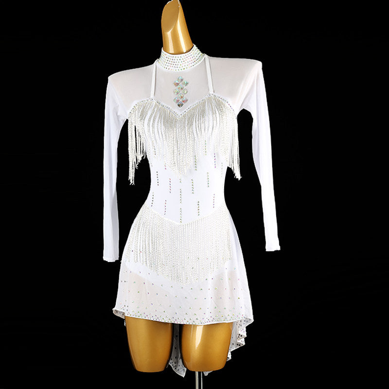White bead fringe latin salsa dance dress front view with the strands hanging