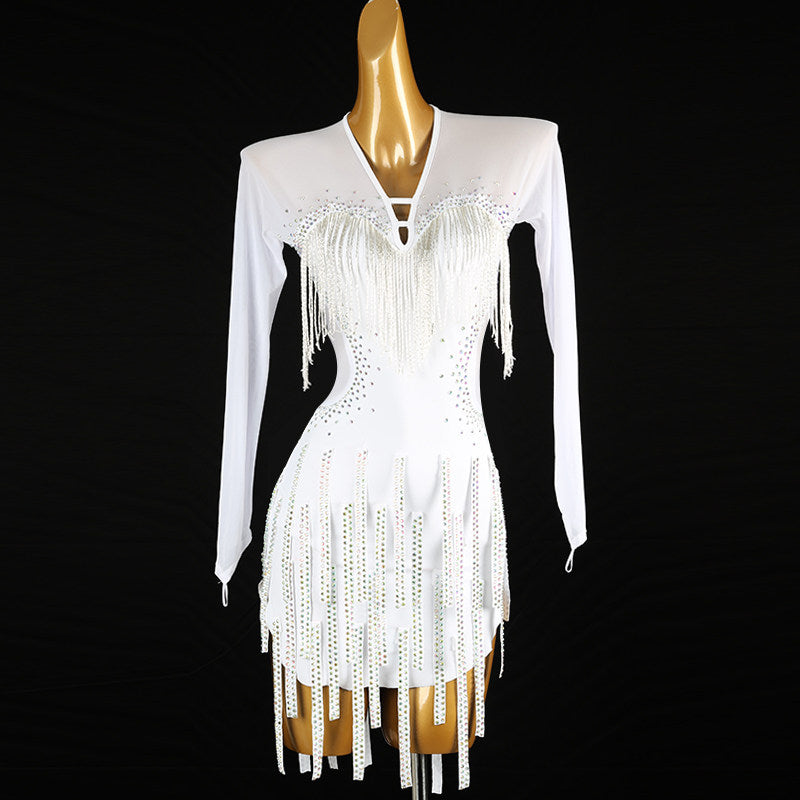 White latin salsa dance dress with hanging bead strands at the V neckline