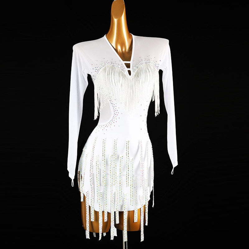 White bead strand latin salsa dance dress angled view showing the ragged hem