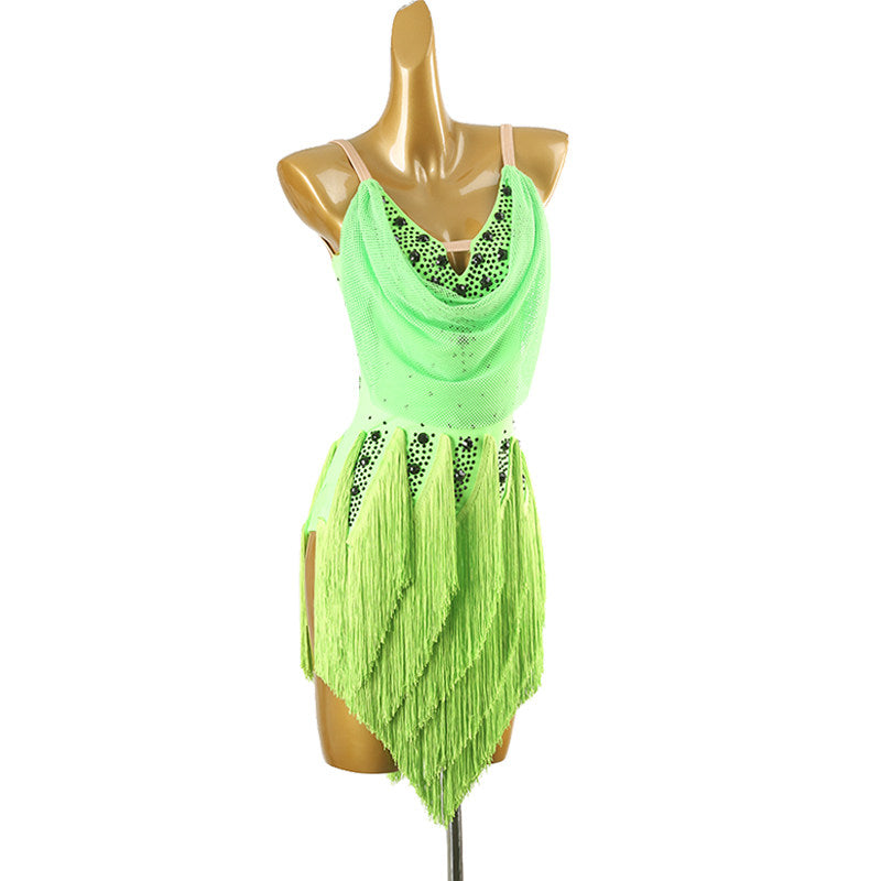 Neon green cowl neck latin salsa dance dress angled view showing the fringe shade