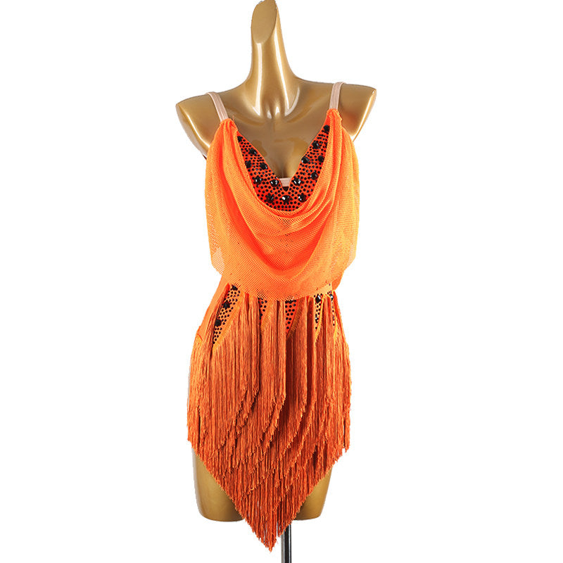 Orange cowl neck latin salsa dance dress rear view showing the crossed straps