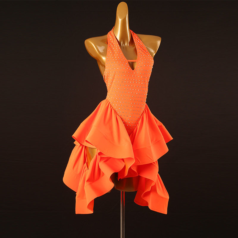 Orange stone latin salsa dance dress rear view with the bare back