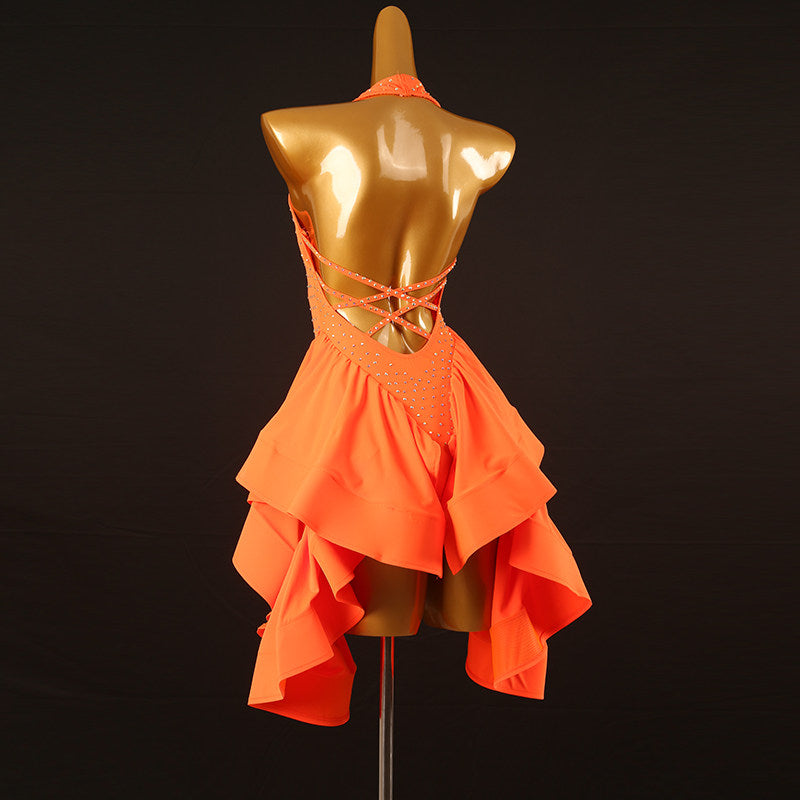 Orange stone latin salsa dance dress showing the halter tie from behind