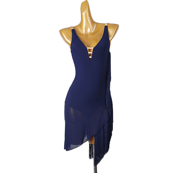 Navy latin salsa dance dress with strap ladder V neckline and plain fringe hem