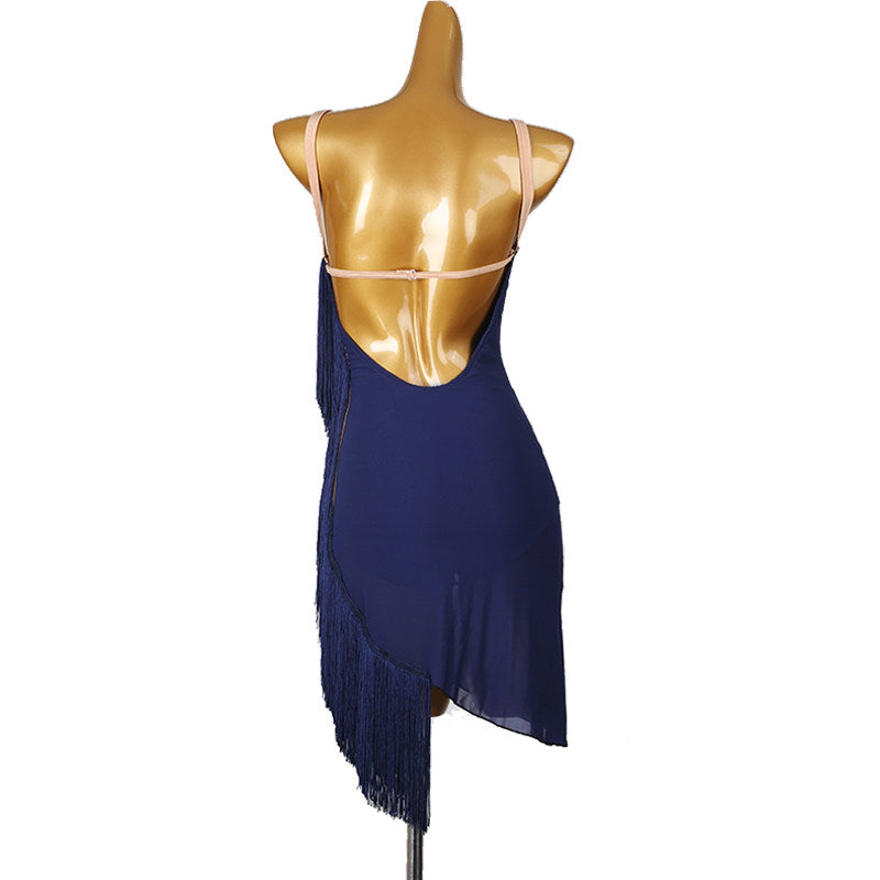 Navy fringe latin salsa dance dress rear view showing the bare back