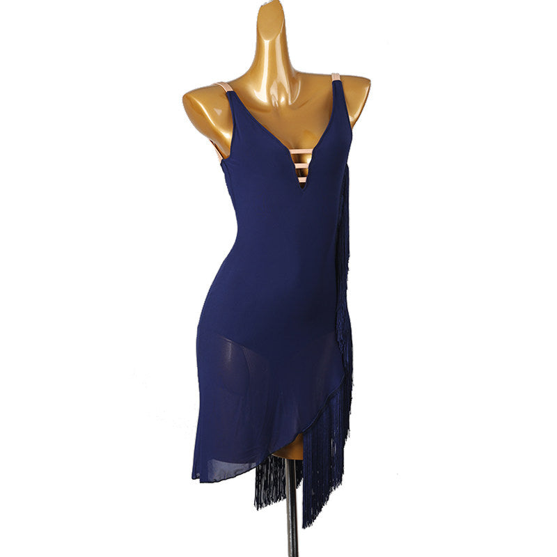 Navy fringe latin salsa dance dress angled view with the slanted hem