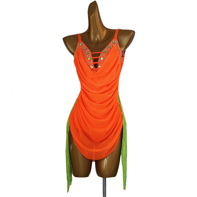Orange jewel drape latin salsa dance dress front view with the side slit open