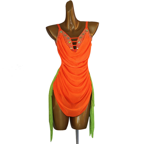 Orange jewel drape latin salsa dance dress side view showing the ruching