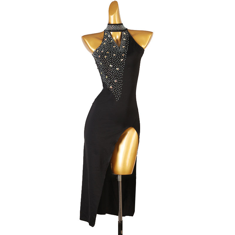 Black latin salsa dance dress with stone packed V bib and high collar