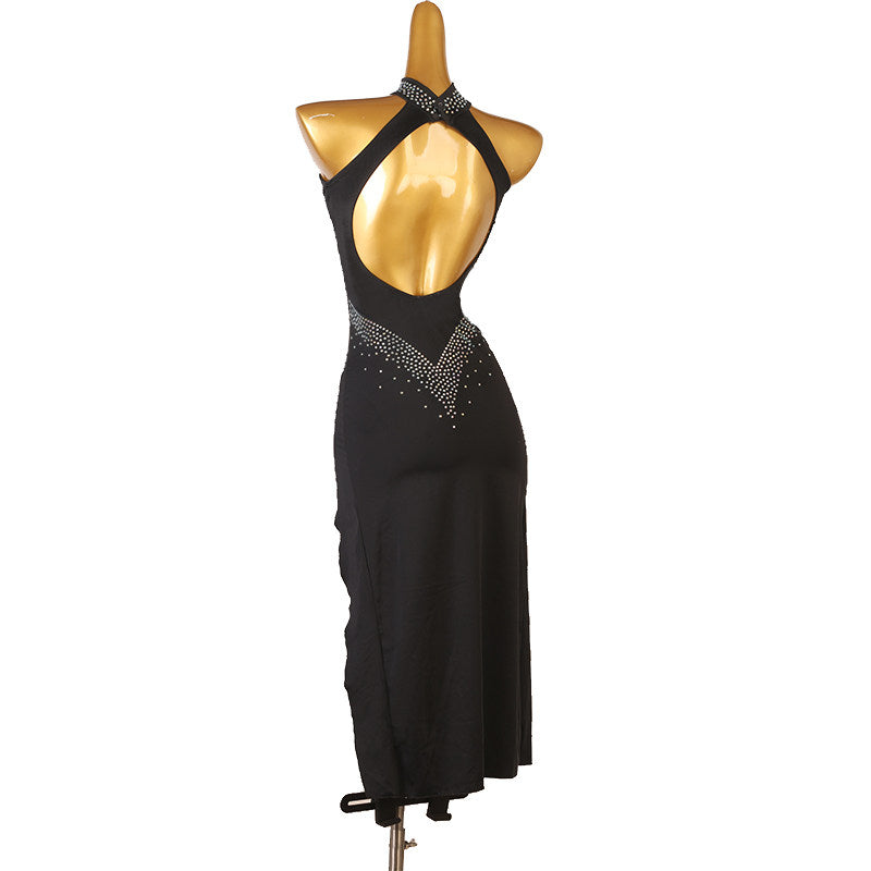Black stone bib latin salsa dance dress rear view showing the bare back