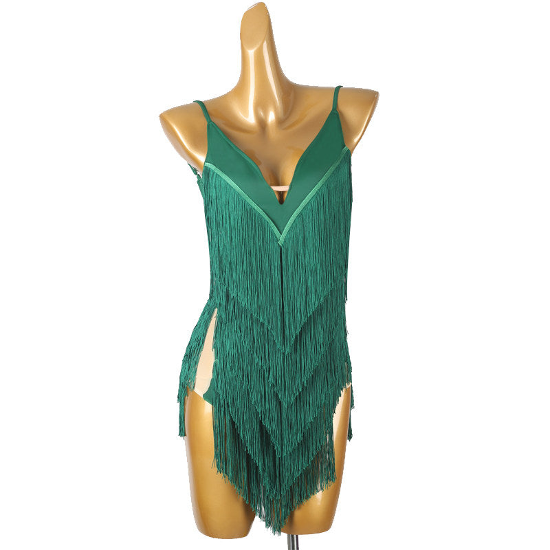Green latin salsa dance dress with deep V panel and full tassel fringe