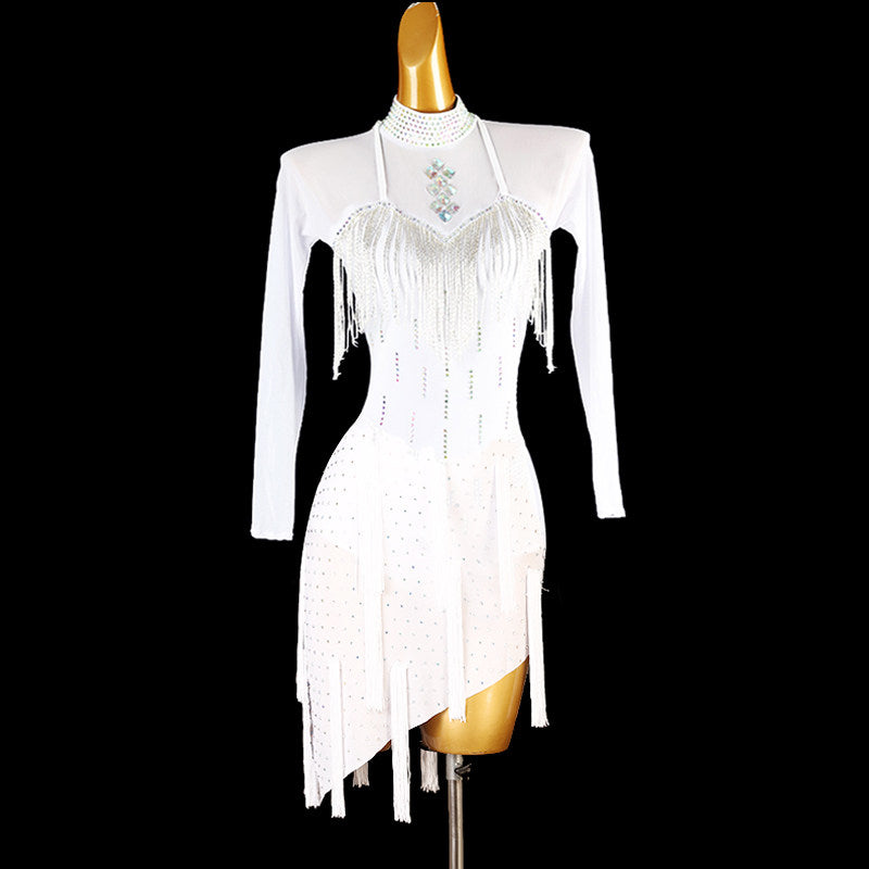 White latin salsa dance dress with stone set yoke and ragged strip hem