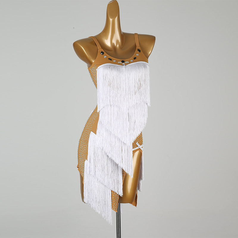White nude panel latin salsa dance dress angled view showing the diagonal hem