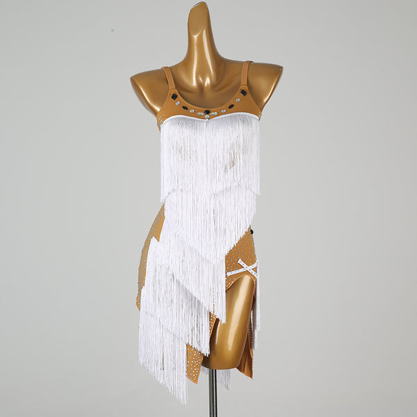White nude panel latin salsa dance dress front view with the stud trim