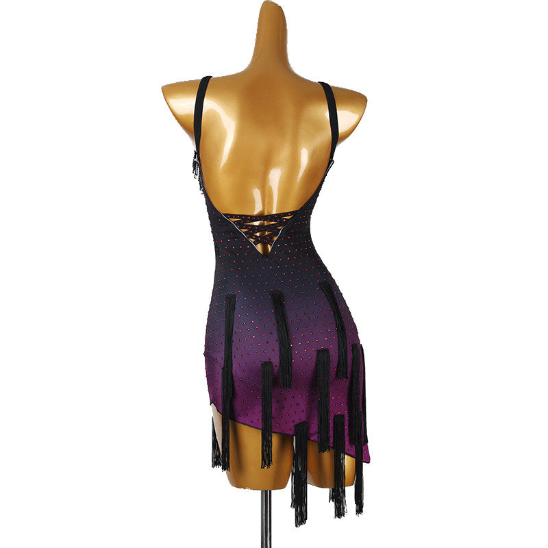 Wine ombre latin salsa dance dress front view with the bead fringe hanging