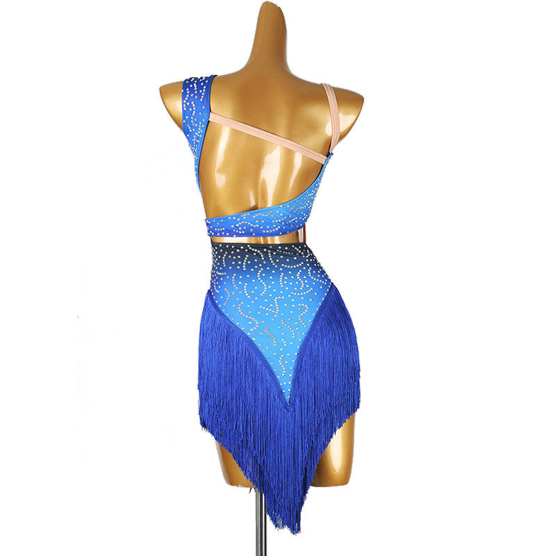 Blue one shoulder latin salsa dance dress rear view with the bare back
