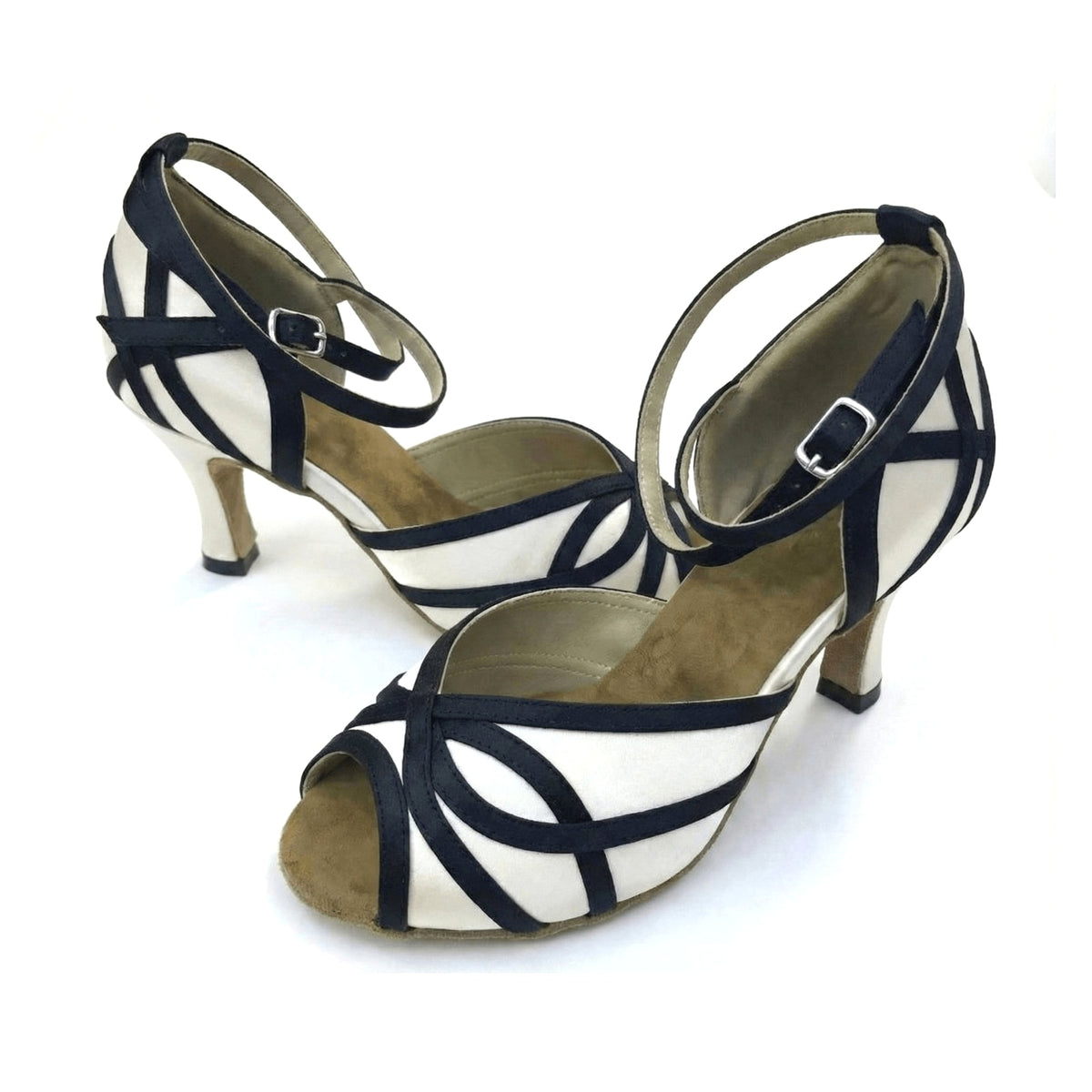 pair of white satin ballroom practice shoes for women with black looped trim, peep toe and flared heels