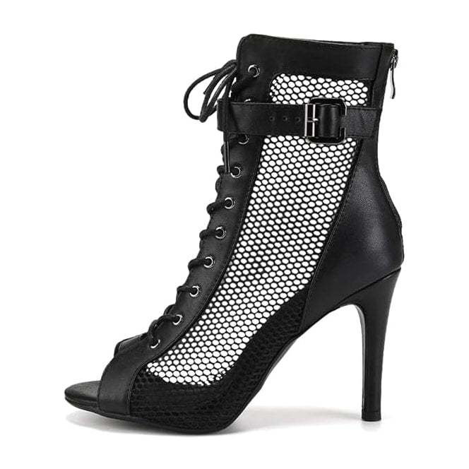 side view of black leather and honeycomb mesh lace-up open-toe dance boot for women, buckled ankle strap