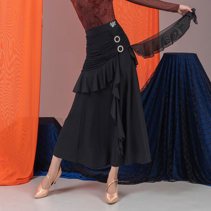 Black ballroom dance skirt with ruched side panel and rhinestone ring buckles