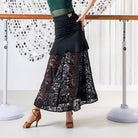 Black ballroom dance skirt with ruched yoke and floral lace godet panels
