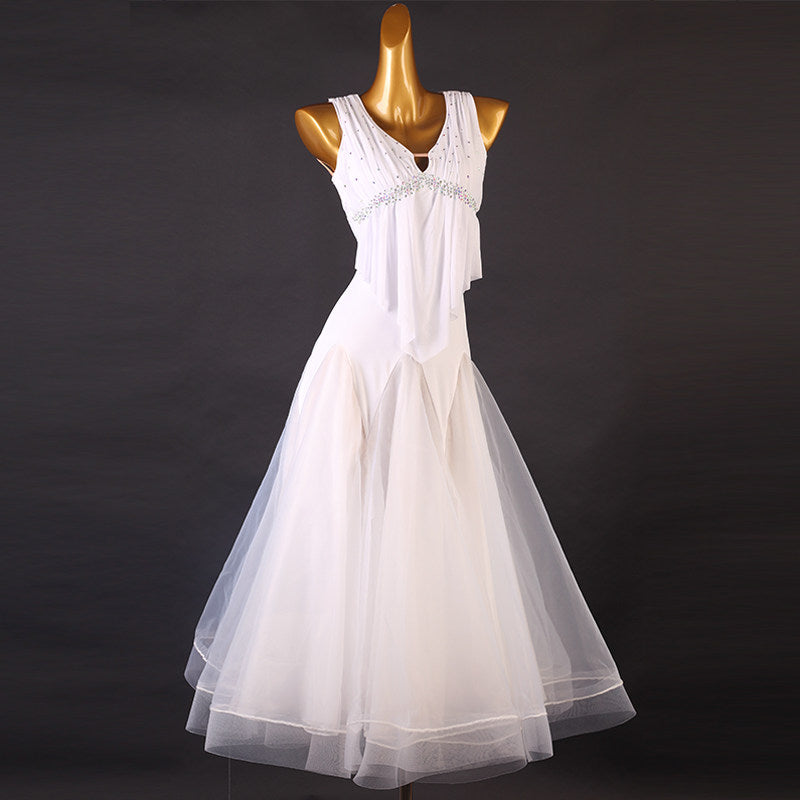 White ballroom competition dress with a beaded empire waist and draped bodice